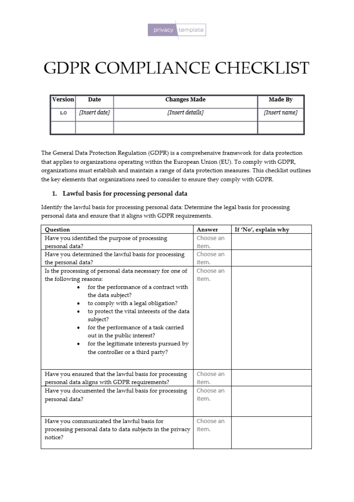 GDPR Compliance Checklist - Privacytemplate.com